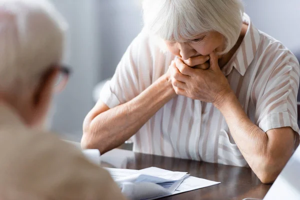 Selective Focus Sad Elderly Woman Looking Documents Husband Home — Stock Photo, Image