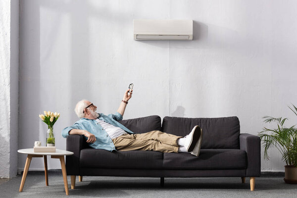 Cheerful senior man using remote controller of air conditioner while sitting on couch 