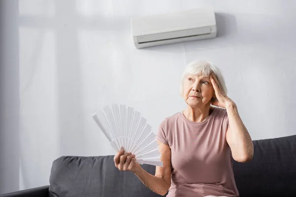 Tired Senior Woman Hand Head Holding Fan While Feeling Hot — Stock Photo, Image