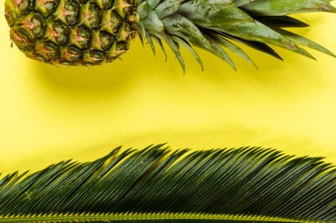 Sarı arka planda yeşil palmiye yaprağı ve olgun ananas manzarası