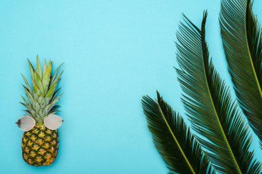 Yeşil palmiye yapraklarının üst görüntüsü ve mavi arka planda güneş gözlüklü olgun ananas