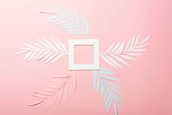 Top View White Pink Blue Paper Cut Palm Leaves Square — Stock Photo, Image