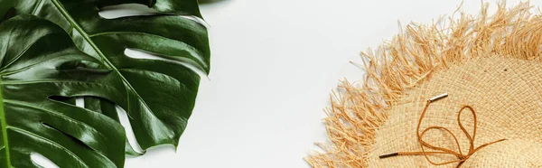 Bovenaanzicht Van Groene Palmbladeren Strohoed Witte Achtergrond Panoramisch Beeld — Stockfoto