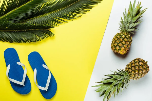 Top View Green Palm Leaves Pineapples Blue Flip Flops White — Stock Photo, Image