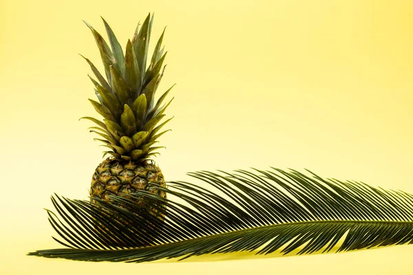 Köstliche Süße Ananas Und Palmblatt Auf Gelbem Hintergrund — Stockfoto