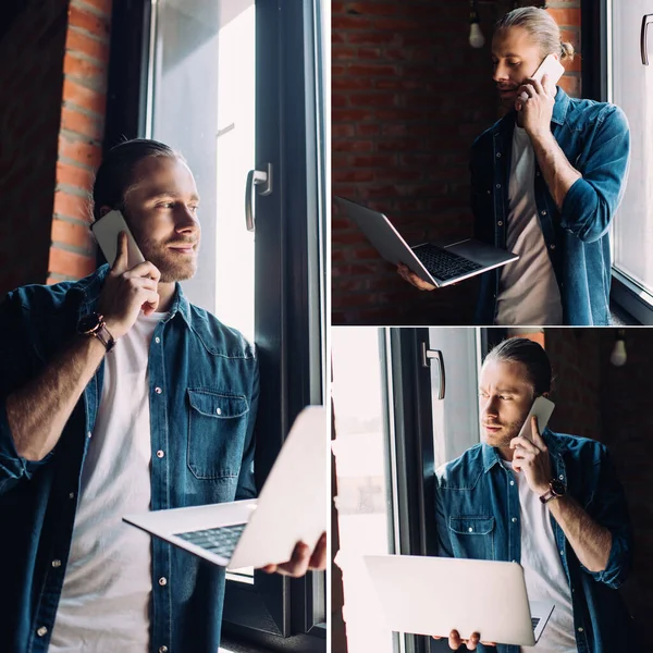 Κολάζ Γενειοφόρος Επιχειρηματίας Μιλώντας Στο Smartphone Και Κρατώντας Φορητό Υπολογιστή — Φωτογραφία Αρχείου