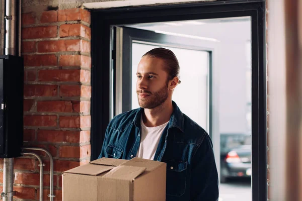 Bearded Businessman Holding Carton Boxes While Moving New Office — Stock Photo, Image