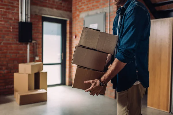 Cropped View Businessman Holding Boxes Moving New Office — Stock Photo, Image