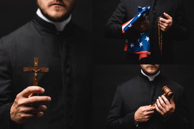 collage of of priest holding rosary beads, american flag, gavel and cross isolated on black  clipart