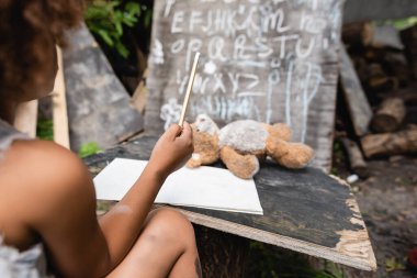 Oyuncak ayı ve karatahtanın yanında elinde kalem tutan Afro-Amerikan çocuğun kısmi görüntüsü 