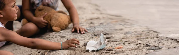 Panoramic Crop Poor African American Boy Crying While Reaching Dirty — Stock Photo, Image