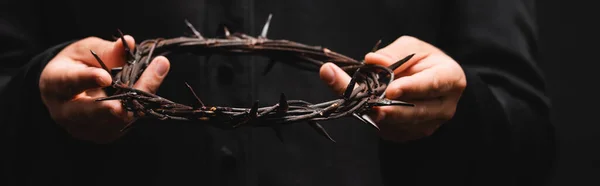 Horizontal Crop Priest Holding Wreath Spikes Isolated Black — Stock Photo, Image