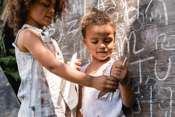 Selective Focus Poor African American Kids Torn Clothes Standing Chalkboard — Stock Photo, Image