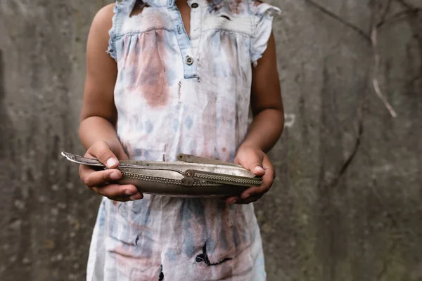 Cropped View Poor African American Child Dirty Clothes Holding Metal — Stock Photo, Image