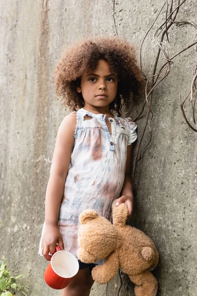 在城市街道混凝土墙边拿着泰迪熊和杯子的非洲裔美国乞讨儿童 — 图库照片