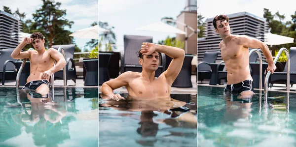 Collage Handsome Wet Man Pool Ladder Swimming Pool — Stock Photo, Image