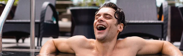 Panoramic Shot Cheerful Wet Man Laughing — Stock Photo, Image