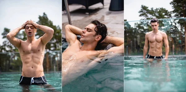 Collage Muscular Man Touching Hair Relaxing Swimming Pool — Stock Photo, Image