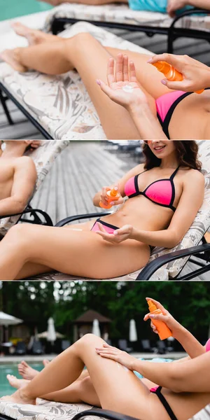 Collage Cheerful Woman Swimwear Applying Sunscreen Man — Stock Photo, Image