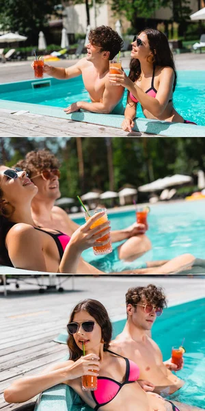 Collage Cheerful Couple Sunglasses Holding Cocktails Swimming Pool — Stock Photo, Image