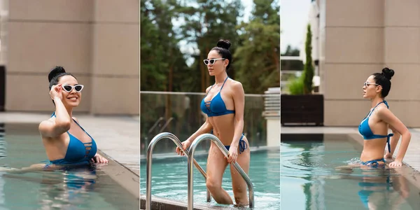 Collage Einer Glücklichen Frau Die Sonnenbrille Berührt Und Auf Poolleiter — Stockfoto