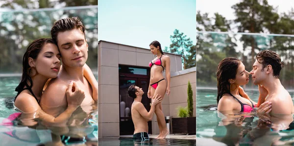 Collage Sexy Pareja Abrazándose Piscina Hombre Mirando Mujer Traje Baño —  Fotos de Stock