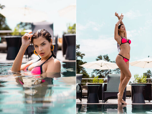 collage of barefoot woman in swimsuit standing and swimming in pool 