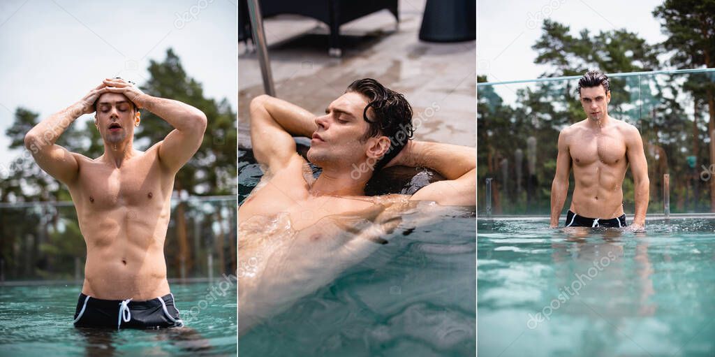 collage of muscular man touching hair and relaxing in swimming pool 