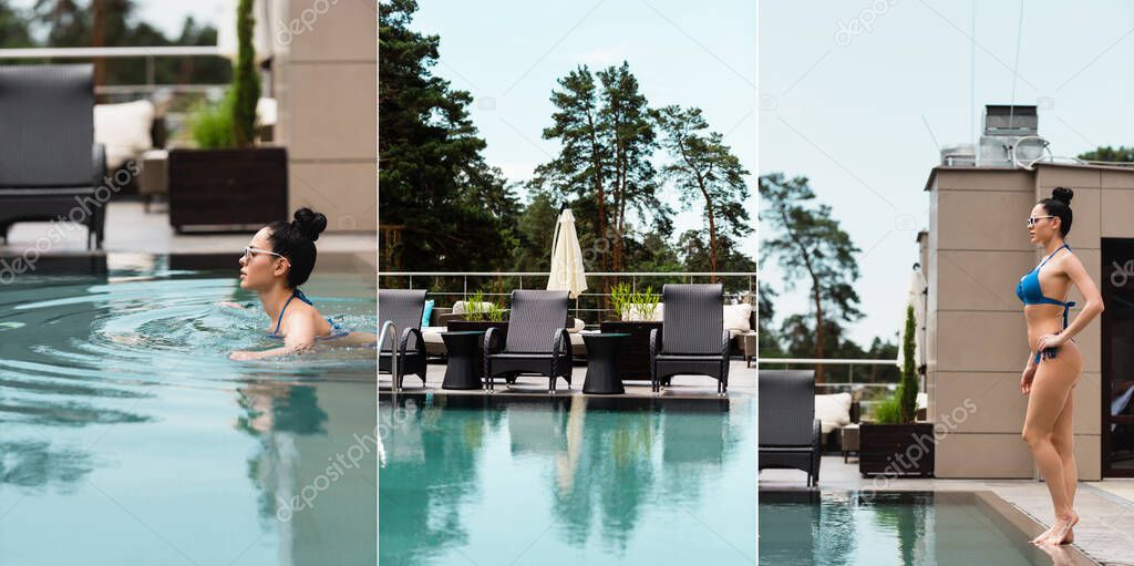 collage of attractive woman in sunglasses swimming in pool near modern sunbeds