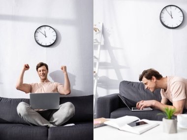Oturma odasında dizüstü bilgisayar kullanan neşeli ve kızgın tele-işçi kolajı, online konsept kazanç