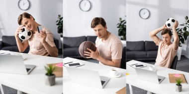 Collage of cheerful freelancer holding basketball and football balls and credit card near gadgets on table, earning online concept clipart