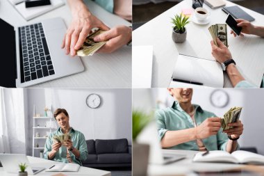 Gülümseyen adam kolajı, evdeki cihazların yanında dolar ve defter saymak, online kazanç kavramı.