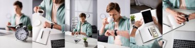 Collage of freelancer drinking coffee and checking time near digital devices and money on table, concept of time management  clipart