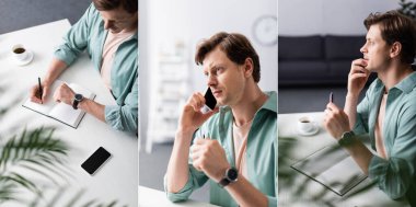 Akıllı telefondan konuşan serbest çalışan kolajı ve masada yazı yazarken zamanı kontrol etmek, zaman yönetimi kavramı 