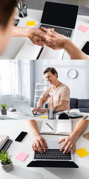 Collage Eines Lächelnden Freelancers Der Auf Laptop Schaut Hände Vor — Stockfoto