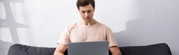 Панорамный Снимок Сконцентрированного Человека Помощью Ноутбука Диване Дома Зарабатывая Онлайн — стоковое фото