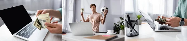 Colagem Homem Alegre Segurando Bola Futebol Contando Dólares Perto Laptop — Fotografia de Stock