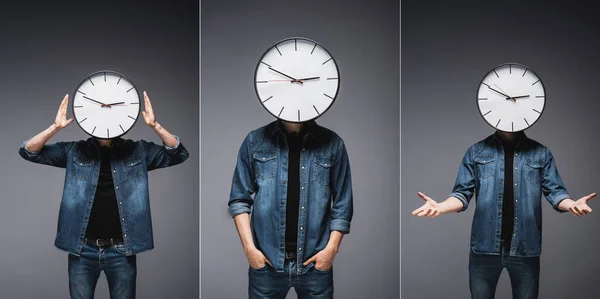 Collage Del Hombre Con Reloj Cabeza Gestos Sobre Fondo Gris —  Fotos de Stock