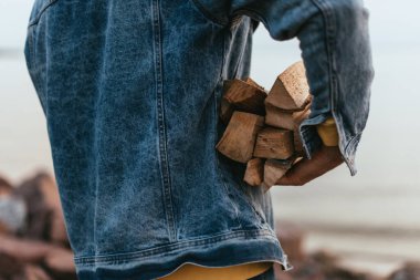 cropped view of man in denim jacket holding firewood  clipart