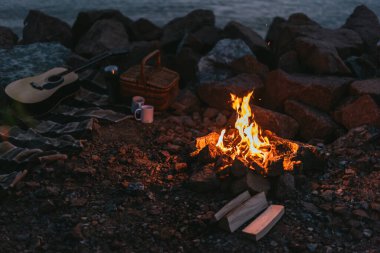 Kareli battaniye, hasır sepet, fincanlar ve akustik gitar yanında yanan şenlik ateşi. 