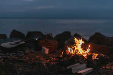 Kütüklerin yanında yanan şenlik ateşi, ekose battaniye, hasır sepet, fincanlar ve akustik gitar. 