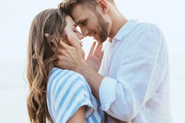 Happy Bearded Man Touching Face Beautiful Girlfriend — Stock Photo, Image