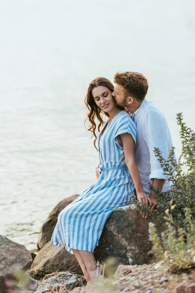 Selective Focus Bearded Man Kissing Cheerful Girl River — Stock Photo, Image