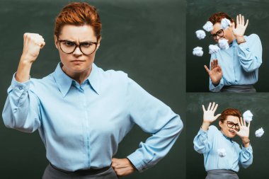 collage of angry teacher standing with hands on hips, and defending herself with outstretched hands from throws of crumpled paper   clipart