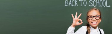 horizontal image of cheerful schoolgirl in eyeglasses showing thumb up near chalkboard with back to school inscription clipart