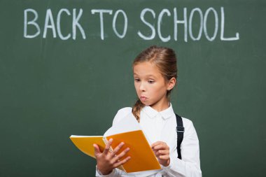 surprised schoolgirl looking at notebook near chalkboard with back to school lettering clipart