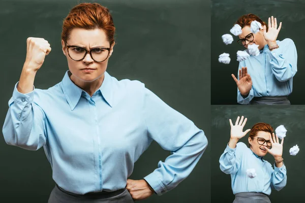 Collage Arg Lärare Stående Med Händerna Höfterna Och Försvara Sig — Stockfoto