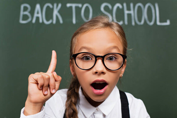 selective focus of excited schoolgirl in eyeglasses showing idea gesture near chalkboard with back to school lettering