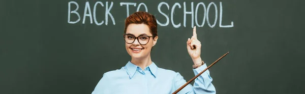 全景照片 快乐的老师拿着指针 用手指指向学校的背对着黑板上的字母 — 图库照片