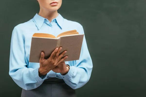 Vue Recadrée Livre Lecture Enseignant Tout Tenant Près Tableau — Photo